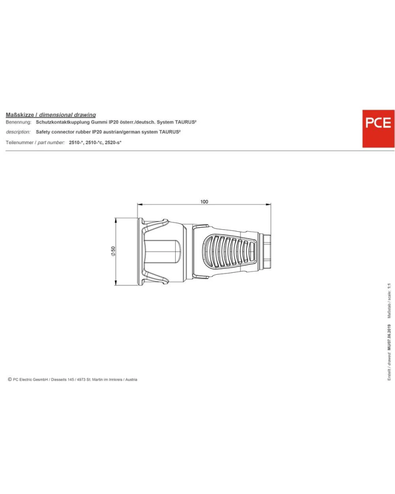 PCE 2510-sr Gniazdo na kabel gumowe 16A 2P+Z 230V SCHUKO VDE IP20  2510-sr